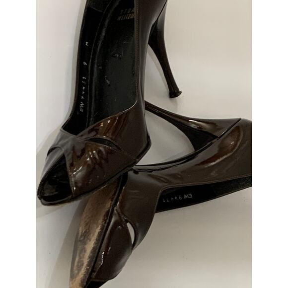 Stuart Weitzman Women's Metallic Brown Leather Peep Toe Pump Heels Size 9 - Picture 6 of 11